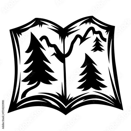 Abstract textured graphic rendering of five distinct irregular shapes with internal details and outlines in grayscale