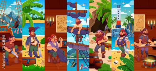 Caribbean pirate ship crew characters collage. Cartoon vector corsairs engaged in ship repairs, treasure hunting, and navigation on tropical islands. Adventurous poster with swashbuckling scenes