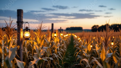 Glowing lanterns in cornfield at sunset, tall stalks illuminated against blue-orange sky. Concept of tranquility, Halloween atmosphere with peaceful glow.