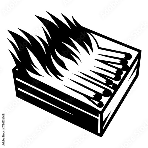 Stylized illustration of a matchbox with partially ignited matches in black and white