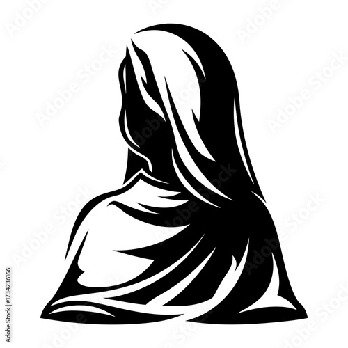 Silhouette of a person with long flowing hair viewed from behind artwork