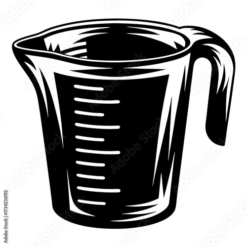 Monochrome illustration of a measuring cup with volume markings and handle