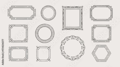 A set of 9 decorative line art frames arranged in a 3x3 grid on a white background. 