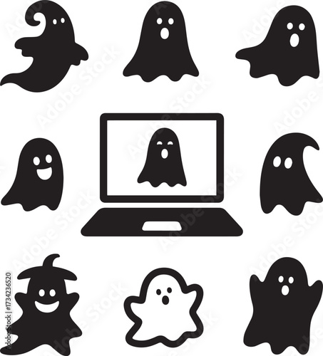 Scary Tech Icons Vector Set: Halloween Black White Ghost on Laptop Bundle.