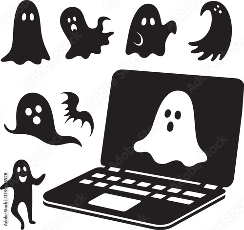 Black White Ghost Programmer: Halloween Laptop Spirit Silhouette Vector Set Art.