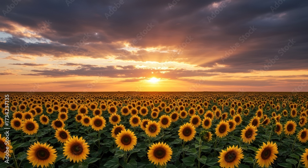Obraz premium Golden Sunset Over Vast Sunflower Field