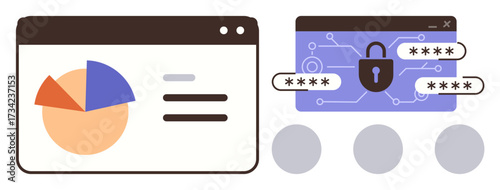 Interactive dashboard with pie chart and text next to secured online login with passwords and padlock. Ideal for security, encryption, business analytics, privacy, technology, data safety, simple