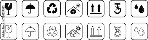 packaging and warning symbol set, Package Symbols business, sticker, illustration, Fragile box, keep dry umbrella ,shipping cargo icon set on white background,
