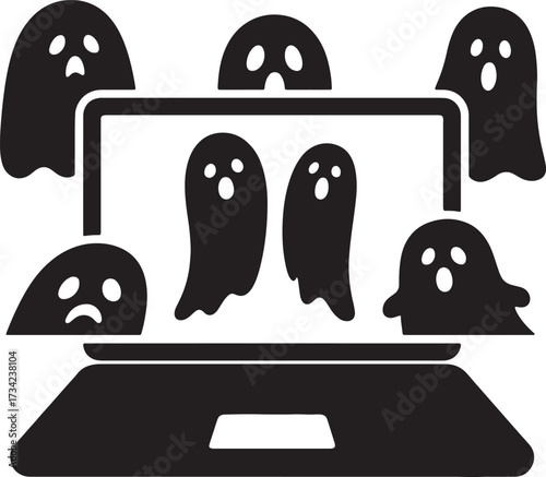  Ghost on Laptop Silhouette Vector Set: Black White Halloween Tech Spirit Vector Art..