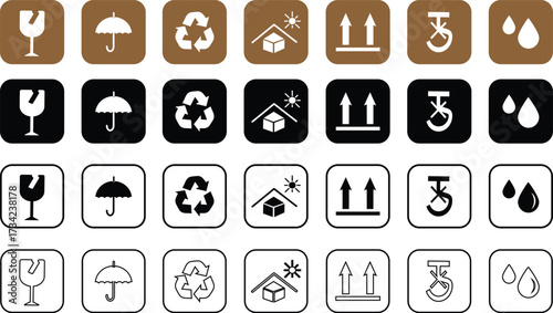 packaging and warning symbol set, Package Symbols business, sticker, illustration, Fragile box, keep dry umbrella ,shipping cargo icon set on white background,
