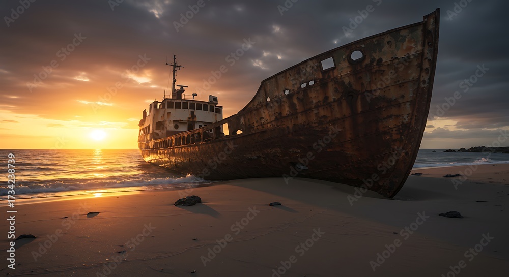 Fototapeta premium Rusty shipwreck on beach at sunset