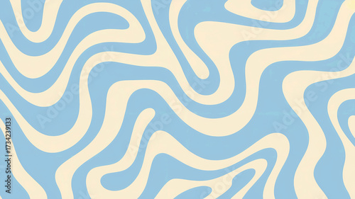 Retro swirl pattern in blue and cream colors with groovy and abstract wavy design