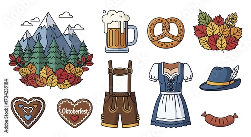 Cartoon Oktoberfest Vector Icon Set with German Beer Pretzel and Bavarian Clothing
