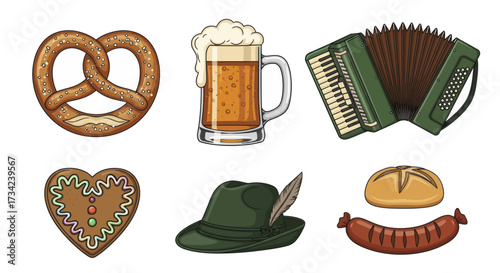 Vintage German Oktoberfest Festival Vector Icon Set with Beer Pretzel and Accordion