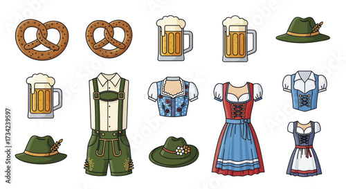 Oktoberfest German Culture Vector Icon Set with Beer Pretzel and Traditional Clothing