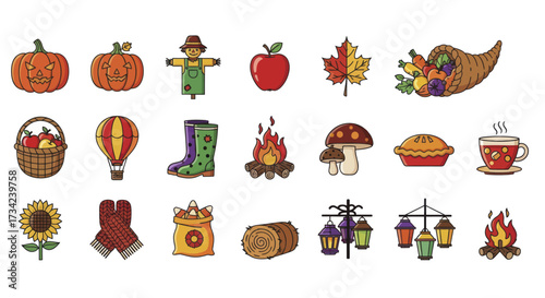 Icon Set Vector Collection of Cartoon Autumn Fall Seasonal Elements