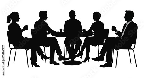 Business professionals engaged in a meeting around a table silhouette