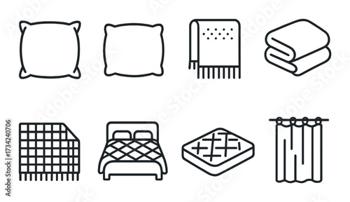 Home bedding and linen icons set: pillows, blankets, quilts, curtain, mattress design