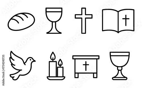 Christian symbols collection featuring bread, chalice, cross, bible, dove, candles, altar