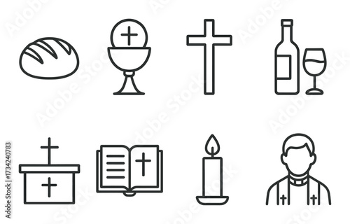 Religious symbols set featuring bread, chalice, cross, wine, altar, bible, candle, priest