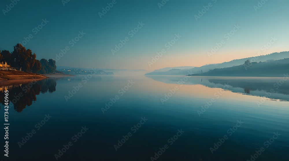 Fototapeta premium Serene and minimalist landscape photograph of a vast, calm lake on a hazy morning. The distant shorelines are barely visible, creating a peaceful mood.