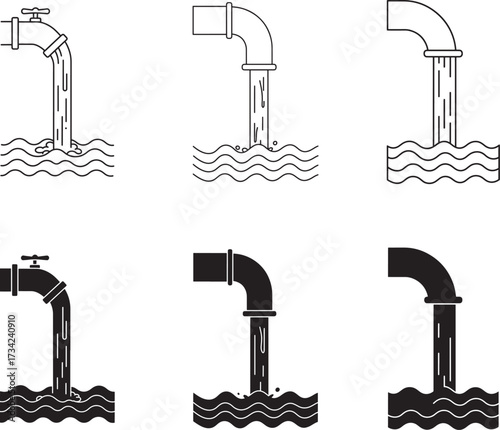 Set of six stylized illustrations of pipes discharging water into wavy liquid surfaces