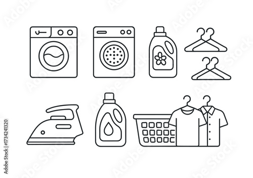 Laundry symbols: washer, dryer, detergent, iron, hangers, clothing basket outline icons