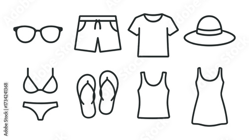 Collection of summer beachwear icons: sunglasses, swimwear, flip-flops, hat, shirt, dress