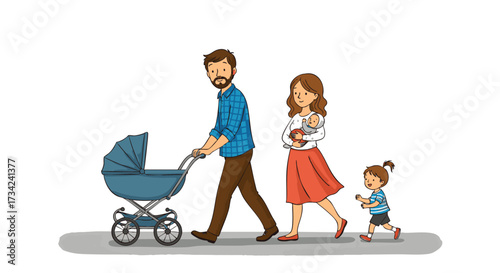 Family walking together with baby stroller outdoors in a happy scene