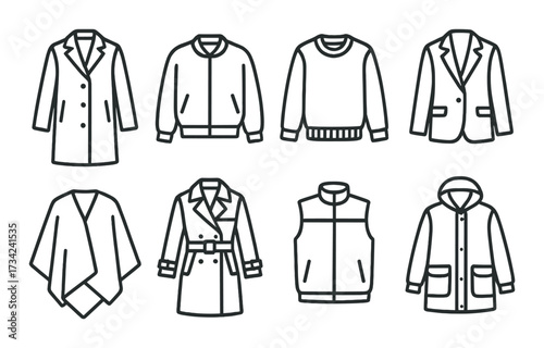 Collection of outerwear styles: diverse coats and jackets