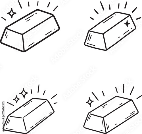 Four hand drawn doodle style gold bars with sparkle shine effect on white background