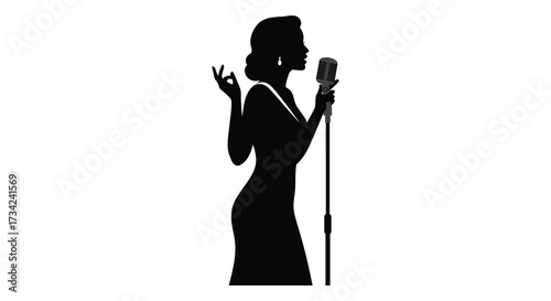 Elegant vintage singer performing with a microphone dramatic black silhouette