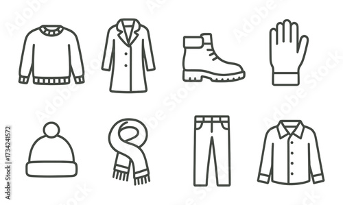 Outline icons of winter clothing and accessories on brown gradient background
