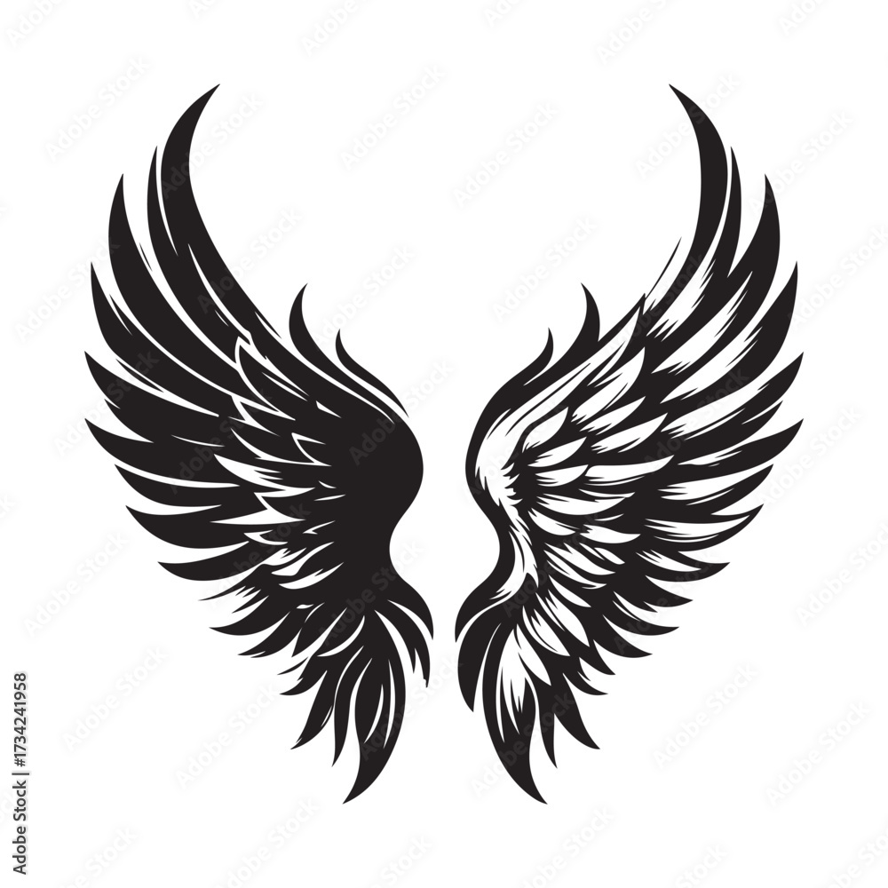 Fototapeta premium Vector art of black silhouette of an angel with spread wings isolated on white background 