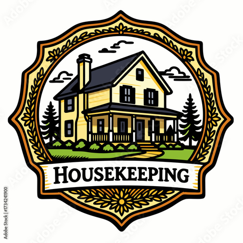 Classic housekeeping badge with a welcoming family home pine trees chimney and veranda framed by a bold shield and ribbon banner in warm colors creating a trustworthy service mark with vintage style a