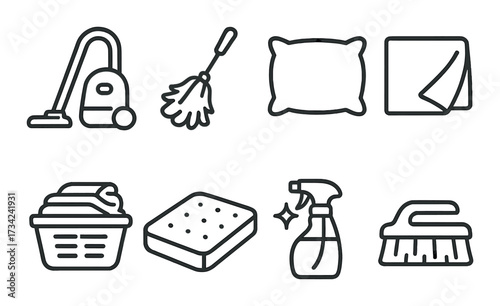 Household cleaning icons: vacuum, mop, pillow, cloth, laundry, sponge, spray, brush