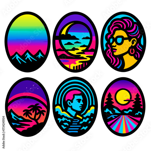 Set of round portraits with vibrant gradients showing mountains ocean palm trees profile faces and sun scenes in bold neon palette creating a cohesive sticker style collection with clean outlines and 