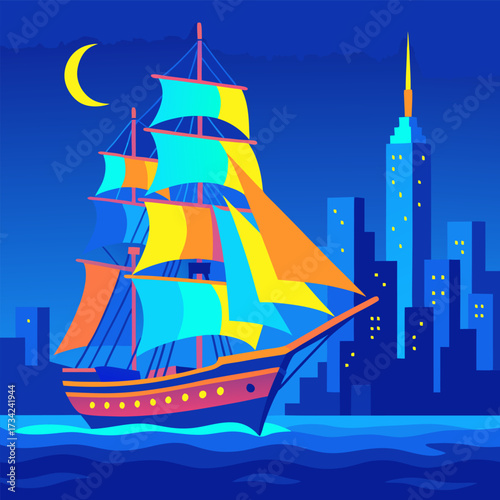 Tall sailing ship with bright sails crossing calm water at night beside a modern city skyline under a crescent moon and clear blue sky showing reflections gentle waves and detailed rigging in a peacef