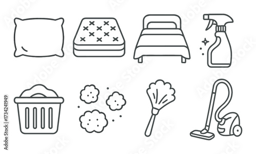 Icons of bed cleaning essentials: pillow, mattress, bed, spray, laundry, dust, duster, vacuum