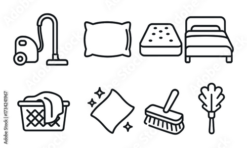 Household cleaning and bedroom items: vacuum, pillow, mattress, bed, laundry, cloth, broom, duster