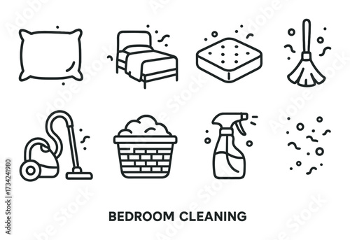Bedroom cleaning essentials: tools and icons set for a tidy space