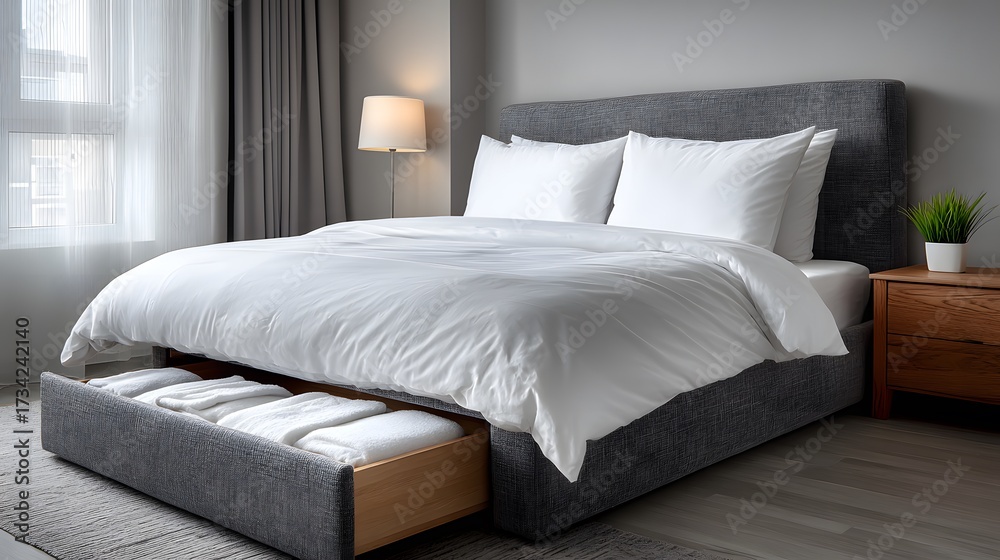 Obraz premium Serene, minimalist bedroom features a neatly made grey bed. One open under-bed storage drawer reveals perfectly organized and clean white linens inside.