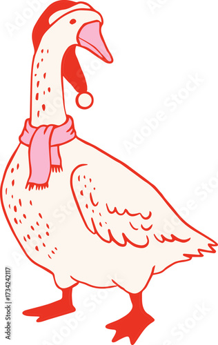 Christmas goose in Santa hat. Vintage hand-drawn vector illustration.