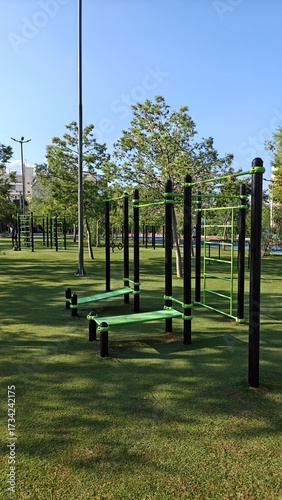 An outdoor calisthenics gym in a green lush park