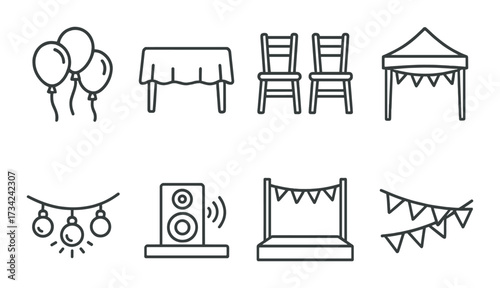 Party event symbols including balloons, chairs, and speaker on dark background