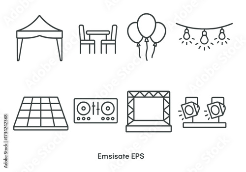 Event and party icons: tent, table, balloons, lights, dance floor, dj, stage, spotlight