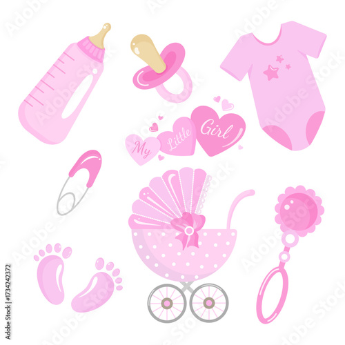  Vector set of baby shower accessories in soft pink tones. Stroller, bottle, pacifier, rattle, bodysuit, pin on white background. Perfect for newborn invitations, cards, and gender reveal design.