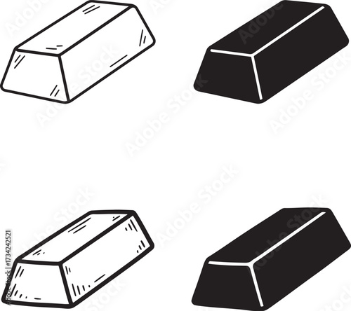 Set of four hand drawn gold bars in outline and solid black silhouette styles