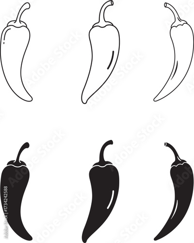 Hand drawn chili peppers in outline and silhouette styles on white background