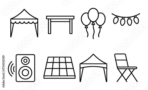 Outdoor event setup: canopy, table, balloons, lights, speaker, dance floor, tent, chair icons